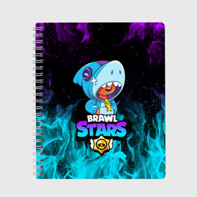 Тетрадь с принтом BRAWL STARS LEON SHARK в Петрозаводске, 100% бумага | 48 листов, плотность листов — 60 г/м2, плотность картонной обложки — 250 г/м2. Листы скреплены сбоку удобной пружинной спиралью. Уголки страниц и обложки скругленные. Цвет линий — светло-серый
 | Тематика изображения на принте: brawl stars | bull | colt | crow | leon | leon shark | shark | stars | акула | берли | ворон | динамайк | кольт | леон | леон акула | нита | спайк | шелли | эль примо