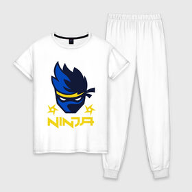 Женская пижама хлопок с принтом FORTNITE NINJA в Петрозаводске, 100% хлопок | брюки и футболка прямого кроя, без карманов, на брюках мягкая резинка на поясе и по низу штанин | fnchap2 | fortnite | fortnite 2 | fortnite x | marshmello | ninja | ninja hyper streamer | ninja streamer | streamer | tyler blevins | маршмелло | ниндзя | фортнайт | фортнайт 2 | фортнайт глава 2