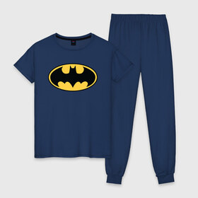 Женская пижама хлопок с принтом Batman logo в Петрозаводске, 100% хлопок | брюки и футболка прямого кроя, без карманов, на брюках мягкая резинка на поясе и по низу штанин | Тематика изображения на принте: bat man | batman | batman comics | caped crusader | comics | dark knight | бетмен | брюс уэйн | бэт мен | бэтмен | тёмный рыцарь