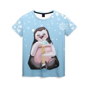 Женская футболка 3D с принтом New Year Penguin в Петрозаводске, 100% полиэфир ( синтетическое хлопкоподобное полотно) | прямой крой, круглый вырез горловины, длина до линии бедер | 