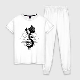 Женская пижама хлопок с принтом Луна роза в Петрозаводске, 100% хлопок | брюки и футболка прямого кроя, без карманов, на брюках мягкая резинка на поясе и по низу штанин | abstract | abstraction | moon | rose | абстракция | женские | луна | роза