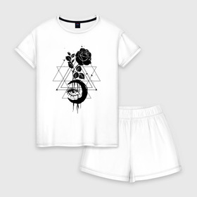Женская пижама с шортиками хлопок с принтом Луна роза в Петрозаводске, 100% хлопок | футболка прямого кроя, шорты свободные с широкой мягкой резинкой | abstract | abstraction | moon | rose | абстракция | женские | луна | роза