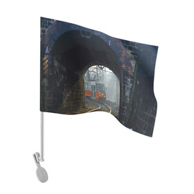 Флаг для автомобиля с принтом Трамвай в Петрозаводске, 100% полиэстер | Размер: 30*21 см | rails | railway | tram | trees | tunnel | деревья | железная дорога | рельсы | тоннель | трамвай