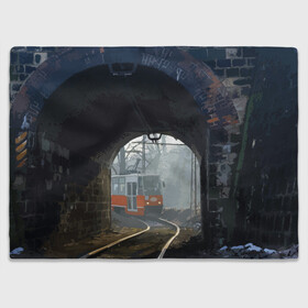 Плед 3D с принтом Трамвай в Петрозаводске, 100% полиэстер | закругленные углы, все края обработаны. Ткань не мнется и не растягивается | rails | railway | tram | trees | tunnel | деревья | железная дорога | рельсы | тоннель | трамвай