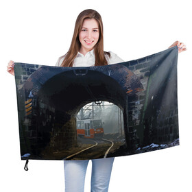 Флаг 3D с принтом Трамвай в Петрозаводске, 100% полиэстер | плотность ткани — 95 г/м2, размер — 67 х 109 см. Принт наносится с одной стороны | rails | railway | tram | trees | tunnel | деревья | железная дорога | рельсы | тоннель | трамвай