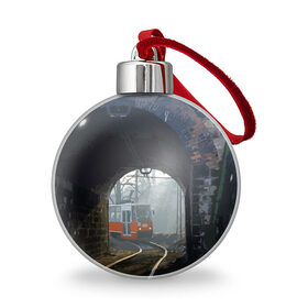 Ёлочный шар с принтом Трамвай в Петрозаводске, Пластик | Диаметр: 77 мм | rails | railway | tram | trees | tunnel | деревья | железная дорога | рельсы | тоннель | трамвай