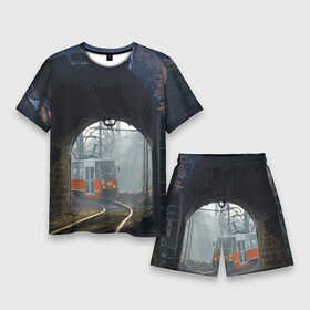 Мужской костюм с шортами 3D с принтом Трамвай в Петрозаводске,  |  | rails | railway | tram | trees | tunnel | деревья | железная дорога | рельсы | тоннель | трамвай