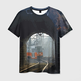 Мужская футболка 3D с принтом Трамвай в Петрозаводске, 100% полиэфир | прямой крой, круглый вырез горловины, длина до линии бедер | rails | railway | tram | trees | tunnel | деревья | железная дорога | рельсы | тоннель | трамвай