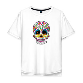 Мужская футболка хлопок Oversize с принтом Мексиканский череп - Skull в Петрозаводске, 100% хлопок | свободный крой, круглый ворот, “спинка” длиннее передней части | Тематика изображения на принте: calavera | day of the dead | dia de los muertos | halloween | skull | sugar skull | готика | день мертвых | колдовство | мексиканский череп | мистика | подарок | сахарный череп | цветы | череп