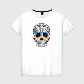 Женская футболка хлопок с принтом Мексиканский череп - Skull в Петрозаводске, 100% хлопок | прямой крой, круглый вырез горловины, длина до линии бедер, слегка спущенное плечо | calavera | day of the dead | dia de los muertos | halloween | skull | sugar skull | готика | день мертвых | колдовство | мексиканский череп | мистика | подарок | сахарный череп | цветы | череп