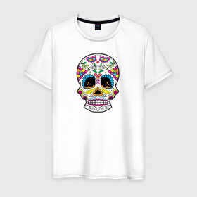 Мужская футболка хлопок с принтом Мексиканский череп - Skull в Петрозаводске, 100% хлопок | прямой крой, круглый вырез горловины, длина до линии бедер, слегка спущенное плечо. | calavera | day of the dead | dia de los muertos | halloween | skull | sugar skull | готика | день мертвых | колдовство | мексиканский череп | мистика | подарок | сахарный череп | цветы | череп