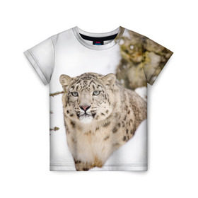 Детская футболка 3D с принтом Ирбис в Петрозаводске, 100% гипоаллергенный полиэфир | прямой крой, круглый вырез горловины, длина до линии бедер, чуть спущенное плечо, ткань немного тянется | snow leopard | барс | барсы | животное | животные | звери | зверь | зима | зимы | ирбис | киски | кот | коты | кошачьи | кошка | кошки | мохнатые | мохнатый | пятнистые | пятнистый | снег | снежный