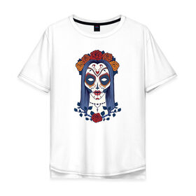 Мужская футболка хлопок Oversize с принтом Мексиканский сахарный череп в Петрозаводске, 100% хлопок | свободный крой, круглый ворот, “спинка” длиннее передней части | day of the dead | dia de los muertos | gothic | halloween | skull | sugar skull | готика | день мертвых | женский череп | мексиканский череп | мистика | подарок | сахарный череп | хэллоуин