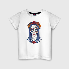 Детская футболка хлопок с принтом Мексиканский сахарный череп в Петрозаводске, 100% хлопок | круглый вырез горловины, полуприлегающий силуэт, длина до линии бедер | day of the dead | dia de los muertos | gothic | halloween | skull | sugar skull | готика | день мертвых | женский череп | мексиканский череп | мистика | подарок | сахарный череп | хэллоуин
