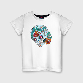 Детская футболка хлопок с принтом Череп с цветами в Петрозаводске, 100% хлопок | круглый вырез горловины, полуприлегающий силуэт, длина до линии бедер | 8 марта | day of the dead | gothic | halloween | skull | sugar skull | день мертвых | женский череп | мексиканский череп | новый год | подарок | сахарный череп | хэллоуин | человек | череп девушки