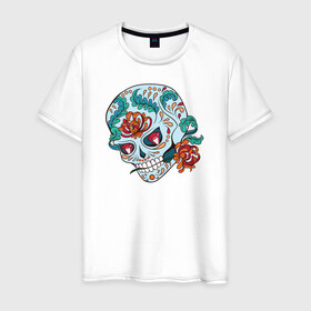 Мужская футболка хлопок с принтом Череп с цветами в Петрозаводске, 100% хлопок | прямой крой, круглый вырез горловины, длина до линии бедер, слегка спущенное плечо. | 8 марта | day of the dead | gothic | halloween | skull | sugar skull | день мертвых | женский череп | мексиканский череп | новый год | подарок | сахарный череп | хэллоуин | человек | череп девушки