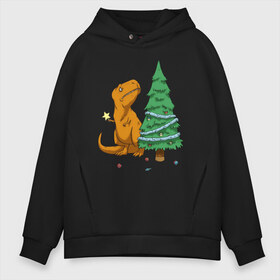 Мужское худи Oversize хлопок с принтом T-REX-mas в Петрозаводске, френч-терри — 70% хлопок, 30% полиэстер. Мягкий теплый начес внутри —100% хлопок | боковые карманы, эластичные манжеты и нижняя кромка, капюшон на магнитной кнопке | Тематика изображения на принте: 2020 | new year | new year 2020 | t rex | новый год | новый год 2020