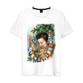 Мужская футболка хлопок с принтом Говно с дымом в Петрозаводске, 100% хлопок | прямой крой, круглый вырез горловины, длина до линии бедер, слегка спущенное плечо. | Тематика изображения на принте: буквы | гирлянда | дым | ёлка | мальчик | новый год | флажки