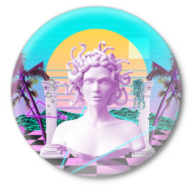 Значок с принтом Медуза Горгона в Петрозаводске,  металл | круглая форма, металлическая застежка в виде булавки | vaporwave | медуза горгона | неон | пальмы | скульптура | существо