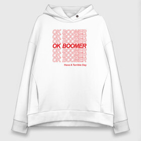 Женское худи Oversize хлопок с принтом OK BOOMER (RED) в Петрозаводске, френч-терри — 70% хлопок, 30% полиэстер. Мягкий теплый начес внутри —100% хлопок | боковые карманы, эластичные манжеты и нижняя кромка, капюшон на магнитной кнопке | Тематика изображения на принте: boomer | boomers | generation | internet | meme | ok | ok boomer | young | бумеры | зумеры | интернет | мем | молодежь | ок | ок бумер | окей бумер | поколение