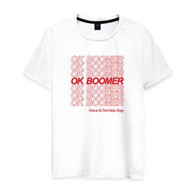 Мужская футболка хлопок с принтом OK BOOMER (RED) в Петрозаводске, 100% хлопок | прямой крой, круглый вырез горловины, длина до линии бедер, слегка спущенное плечо. | Тематика изображения на принте: boomer | boomers | generation | internet | meme | ok | ok boomer | young | бумеры | зумеры | интернет | мем | молодежь | ок | ок бумер | окей бумер | поколение