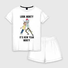 Женская пижама с шортиками хлопок с принтом LOOK MORTY ITS NEW YEAR MORTY в Петрозаводске, 100% хлопок | футболка прямого кроя, шорты свободные с широкой мягкой резинкой | cn_1970499_019061 | rick and morty | мультсериал | новый год | рик и морти | рождество