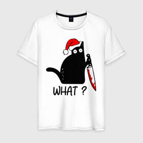 Мужская футболка хлопок с принтом Новогодний кот с ножом в Петрозаводске, 100% хлопок | прямой крой, круглый вырез горловины, длина до линии бедер, слегка спущенное плечо. | cat | kitten | knife | what | дед мороз | кетчуп | кот | котёнок | кошка | кровь | новы год | нож | рождество | что | шапка