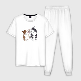 Мужская пижама хлопок с принтом Две Хаски в Петрозаводске, 100% хлопок | брюки и футболка прямого кроя, без карманов, на брюках мягкая резинка на поясе и по низу штанин
 | Тематика изображения на принте: две хаски | друзья | питомцы | рисунок | собаки | хаски