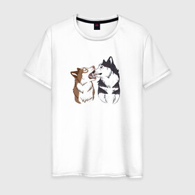 Мужская футболка хлопок с принтом Две Хаски в Петрозаводске, 100% хлопок | прямой крой, круглый вырез горловины, длина до линии бедер, слегка спущенное плечо. | Тематика изображения на принте: две хаски | друзья | питомцы | рисунок | собаки | хаски