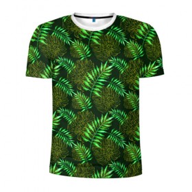 Мужская футболка 3D спортивная с принтом Зеленые тропики в Петрозаводске, 100% полиэстер с улучшенными характеристиками | приталенный силуэт, круглая горловина, широкие плечи, сужается к линии бедра | гавайи | листья | листья пальм | пальмы | тропики