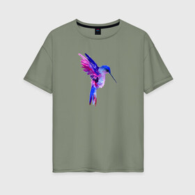 Женская футболка хлопок Oversize с принтом Колибри в Петрозаводске, 100% хлопок | свободный крой, круглый ворот, спущенный рукав, длина до линии бедер
 | акварель | колибри | птица | рисунок