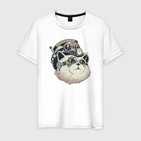 Мужская футболка хлопок с принтом Кот Steampunk в Петрозаводске, 100% хлопок | прямой крой, круглый вырез горловины, длина до линии бедер, слегка спущенное плечо. | cat | kitty | steampunk | кот | котики | коты | кошка | кошки | стимпанк