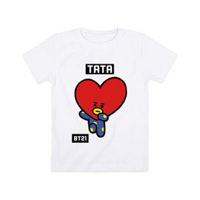 Детская футболка хлопок с принтом TATA BT21 в Петрозаводске, 100% хлопок | круглый вырез горловины, полуприлегающий силуэт, длина до линии бедер | Тематика изображения на принте: bt21 | bts | chimmy | cooky | koya | love yourself. | mang | rj | shooky | tata | бт21 | бтс