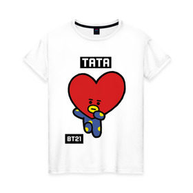 Женская футболка хлопок с принтом TATA BT21 в Петрозаводске, 100% хлопок | прямой крой, круглый вырез горловины, длина до линии бедер, слегка спущенное плечо | bt21 | bts | chimmy | cooky | koya | love yourself. | mang | rj | shooky | tata | бт21 | бтс