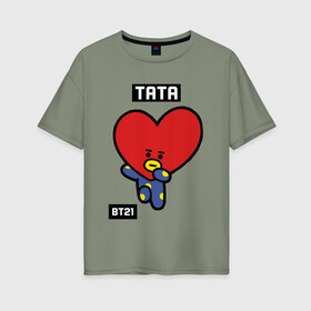 Женская футболка хлопок Oversize с принтом TATA BT21 в Петрозаводске, 100% хлопок | свободный крой, круглый ворот, спущенный рукав, длина до линии бедер
 | Тематика изображения на принте: bt21 | bts | chimmy | cooky | koya | love yourself. | mang | rj | shooky | tata | бт21 | бтс