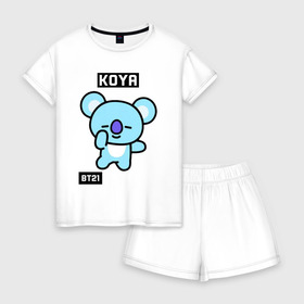 Женская пижама с шортиками хлопок с принтом KOYA BT21 в Петрозаводске, 100% хлопок | футболка прямого кроя, шорты свободные с широкой мягкой резинкой | bt21 | bts | chimmy | cooky | koya | love yourself. | mang | rj | shooky | tata | бт21 | бтс