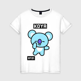 Женская футболка хлопок с принтом KOYA BT21 в Петрозаводске, 100% хлопок | прямой крой, круглый вырез горловины, длина до линии бедер, слегка спущенное плечо | Тематика изображения на принте: bt21 | bts | chimmy | cooky | koya | love yourself. | mang | rj | shooky | tata | бт21 | бтс