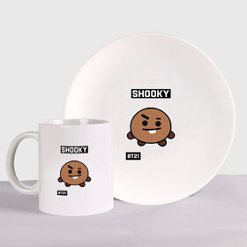 Набор: тарелка + кружка с принтом SHOOKY BT21 в Петрозаводске, керамика | Кружка: объем — 330 мл, диаметр — 80 мм. Принт наносится на бока кружки, можно сделать два разных изображения. 
Тарелка: диаметр - 210 мм, диаметр для нанесения принта - 120 мм. | Тематика изображения на принте: bt21 | bts | chimmy | cooky | koya | love yourself. | mang | rj | shooky | tata | бт21 | бтс