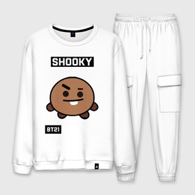 Мужской костюм хлопок с принтом SHOOKY BT21 в Петрозаводске, 100% хлопок | на свитшоте круглая горловина, мягкая резинка по низу. Брюки заужены к низу, на них два вида карманов: два “обычных” по бокам и два объемных, с клапанами, расположенные ниже линии бедра. Брюки с мягкой трикотажной резинкой на поясе и по низу штанин. В поясе для дополнительного комфорта — широкие завязки | Тематика изображения на принте: bt21 | bts | chimmy | cooky | koya | love yourself. | mang | rj | shooky | tata | бт21 | бтс