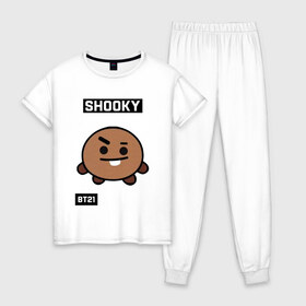 Женская пижама хлопок с принтом SHOOKY BT21 в Петрозаводске, 100% хлопок | брюки и футболка прямого кроя, без карманов, на брюках мягкая резинка на поясе и по низу штанин | bt21 | bts | chimmy | cooky | koya | love yourself. | mang | rj | shooky | tata | бт21 | бтс