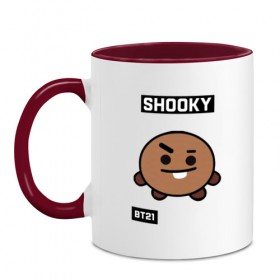 Кружка двухцветная с принтом SHOOKY BT21 в Петрозаводске, керамика | объем — 330 мл, диаметр — 80 мм. Цветная ручка и кайма сверху, в некоторых цветах — вся внутренняя часть | Тематика изображения на принте: bt21 | bts | chimmy | cooky | koya | love yourself. | mang | rj | shooky | tata | бт21 | бтс