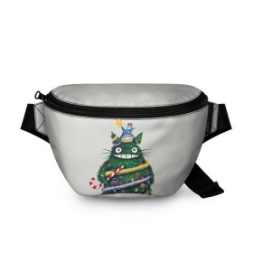 Поясная сумка 3D с принтом Новогодний Totoro в Петрозаводске, 100% полиэстер | плотная ткань, ремень с регулируемой длиной, внутри несколько карманов для мелочей, основное отделение и карман с обратной стороны сумки застегиваются на молнию | 