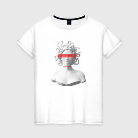 Женская футболка хлопок с принтом Медуза Горгона в Петрозаводске, 100% хлопок | прямой крой, круглый вырез горловины, длина до линии бедер, слегка спущенное плечо | девушка | медуза горгона | миф | полосы | скульптура | стиль