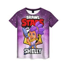 Женская футболка 3D с принтом BRAWL STARS SHELLY в Петрозаводске, 100% полиэфир ( синтетическое хлопкоподобное полотно) | прямой крой, круглый вырез горловины, длина до линии бедер | brawl stars | brawl stars shelly | brawler | shelly | бравл старз | бравлер | шелли