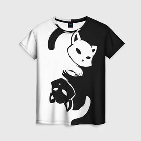 Женская футболка 3D с принтом ДВА КОТА КУВЫРКАЮТСЯ в Петрозаводске, 100% полиэфир ( синтетическое хлопкоподобное полотно) | прямой крой, круглый вырез горловины, длина до линии бедер | black white | два кота кувыркаются | животные | котики | коты | черно белое