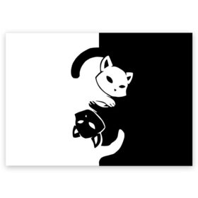 Поздравительная открытка с принтом ДВА КОТА КУВЫРКАЮТСЯ. в Петрозаводске, 100% бумага | плотность бумаги 280 г/м2, матовая, на обратной стороне линовка и место для марки
 | black white | два кота кувыркаются | животные | котики | коты | черно белое