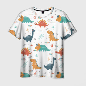 Мужская футболка 3D с принтом Милые динозавры в Петрозаводске, 100% полиэфир | прямой крой, круглый вырез горловины, длина до линии бедер | dinosaurs | динозавр | динозавры | животные | игрушки | мульт динозавры | мультяшки динозавры | тиранозавр