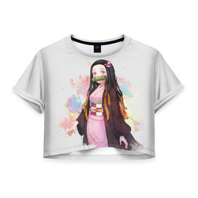 Женская футболка Cropp-top с принтом Nezuko Kamado в Петрозаводске, 100% полиэстер | круглая горловина, длина футболки до линии талии, рукава с отворотами | demon | kamado | nezuko | slayer | камадо | недзуко | незуко | нэдзуко | нэзуко