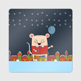 Магнит виниловый Квадрат с принтом Крысенок с шариком в Петрозаводске, полимерный материал с магнитным слоем | размер 9*9 см, закругленные углы | 2020 | mouse | rat | годкрысы | годмыши | зима | зимняя | крыса | мороз | мышка | мышь | новогодняя | новый год | новый год 2020 | рождество | симолгода | снег | холод