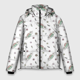 Мужская зимняя куртка 3D с принтом Central Perk в Петрозаводске, верх — 100% полиэстер; подкладка — 100% полиэстер; утеплитель — 100% полиэстер | длина ниже бедра, свободный силуэт Оверсайз. Есть воротник-стойка, отстегивающийся капюшон и ветрозащитная планка. 

Боковые карманы с листочкой на кнопках и внутренний карман на молнии. | Тематика изображения на принте: chandler | friends | joe | joseph | lobster | monica | phoebe | pivot | rachel | ross | дженнифер | джо | джозеф | друзья | моника | росс | рэйчел | сериал friends | сериал друзья | фиби | чендлер